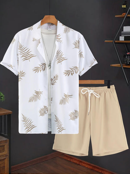 🔥Limited Stock 50% Off!🎉Men's Casual Leaf Print T-Shirt & Shorts Set