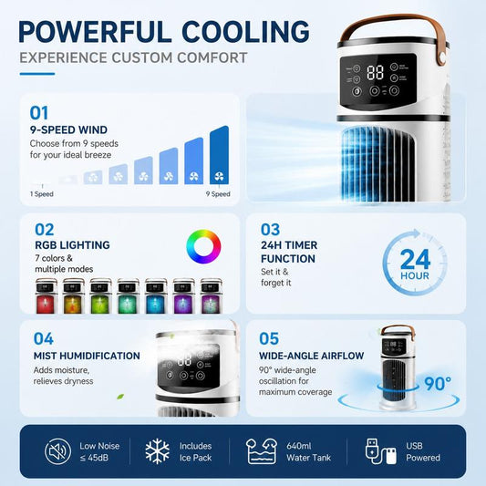 🏆LAST DAY SALE 50% OFF🔥Mist Humidifier Cold Fan, Air Cooler, 9 Speed Settings + Three-Hole Spray, 8-Hour Timer,