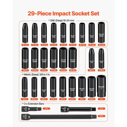 43‑Piece 3/8″ Drive Extended Hex Socket Set – Impact Socket Kit for Pneumatic & Electric Wrenches, CR‑MO Steel, with Extension Bars, Universal Joint & Storage Case