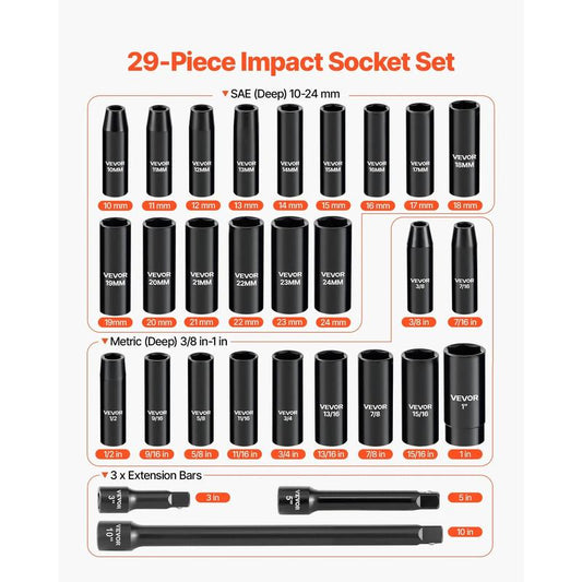 43‑Piece 3/8″ Drive Extended Hex Socket Set – Impact Socket Kit for Pneumatic & Electric Wrenches, CR‑MO Steel, with Extension Bars, Universal Joint & Storage Case