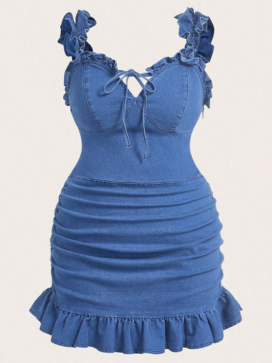 🏆LAST DAY SALE 50% OFF🔥Plus Size Ruched Hem Ruffled Leaf Edge Tie Front Bodycon Denim Dress for Women, Summer Fashion Casual Sleeveless Short Skirt, Trendy, Chic and Comfortable