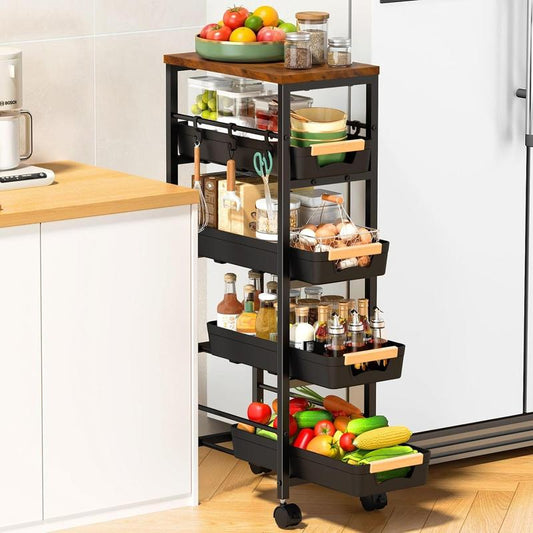 🔥Slim 5‑Tier Rolling Utility Cart with Lockable Wheels & Wooden Top, Narrow Gap Storage Organizer for Bathroom, Laundry Room & Small Kitchen
