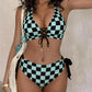 📢📢50 %  OFF⏰New Plaid Print High-End Women's Bikini Set, Fashionable Sexy Tie Adjustable Front Drawstring Design, Beach Swimwear