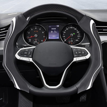🔥Universal Carbon Fiber Textured Silicone Steering Wheel Cover for Most Cars, Hand-Stitched Napa Artificial Leather Accessory, Breathable Anti-Slip All-Season Auto Interior Modification Decoration with Enhanced Grip modern