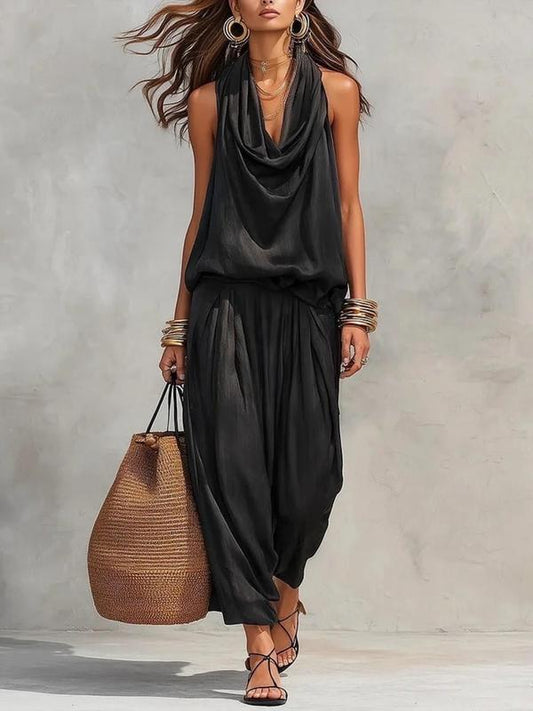 🏆LAST DAY SALE 50% OFF🔥Elegant Aesthetic Women's Two-Piece Set Outfit, Sleeveless Backless Top with Pleated Neckline, Casual Pants, New Arrival Fashion Wear