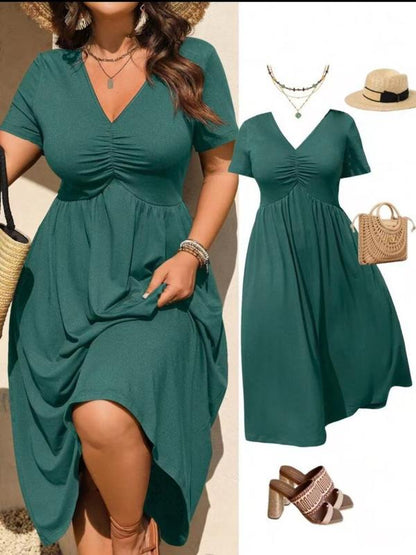 💋Plus Size V-Neck Ruched Short Sleeve Midi Dress, Casual Summer Flowy A-Line Dress, Women's Fashion Clothing