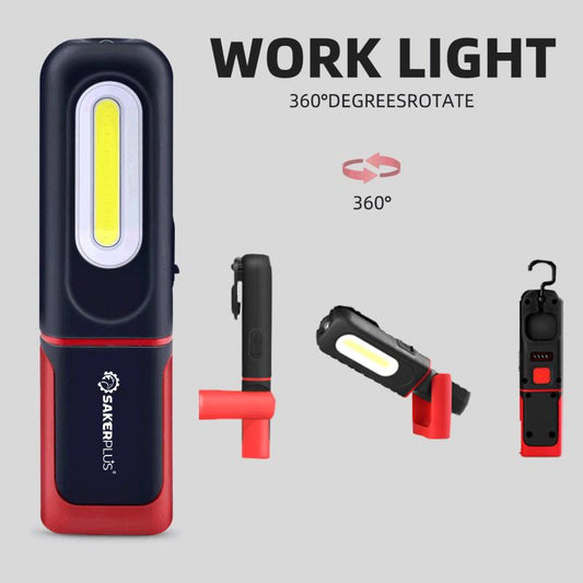 🔥SAKERPLUS Rechargeable Work Light, 3000LM COB LED Magnetic Mechanic Light with 360° Swivel Hook, 180° Adjustable Stand, Flashlight Mode, USB-C Charging, IP54 Water-Resistant for Car Repair, Garage & Camping