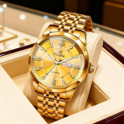 ⏳🔥LIMITED-TIME 50% OFF! Men's Diamond-Studded Crystal Mirror-Finish Gold Steel Strap Watch