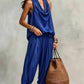 🏆LAST DAY SALE 50% OFF🔥Elegant Aesthetic Women's Two-Piece Set Outfit, Sleeveless Backless Top with Pleated Neckline, Casual Pants, New Arrival Fashion Wear