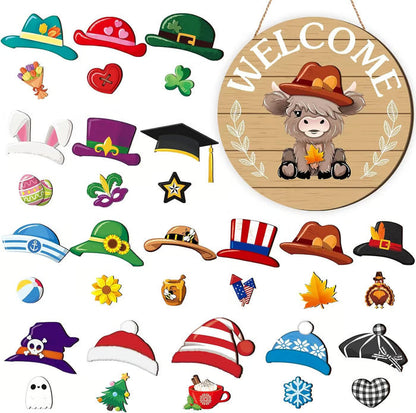 🐇 Easter Sale: 50% Off!!💥 Highland Cow Sign – Interchangeable Welcome Sign with Magnets, Removable Hats, Cute Cattle for Hanging