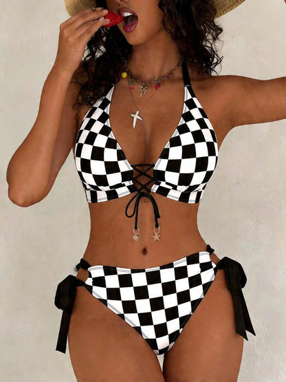 📢📢50 %  OFF⏰New Plaid Print High-End Women's Bikini Set, Fashionable Sexy Tie Adjustable Front Drawstring Design, Beach Swimwear