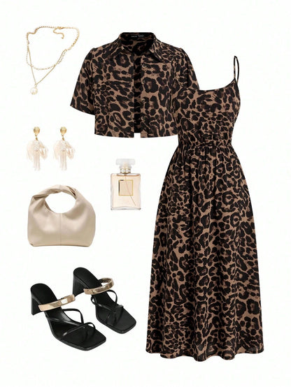 🌸 50% OFF NOW! 🌸 Women's Leopard Print Two-Piece Set, Adjustable Spaghetti Strap Cinched-Waist Midi Dress & Collared Short Sleeve Cropped Shirt, Casual Summer for Vacation, Date & Streetwear