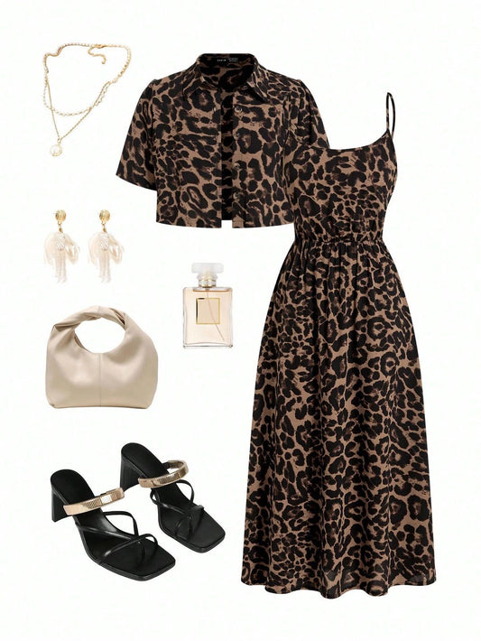 🌸 50% OFF NOW! 🌸 Women's Leopard Print Two-Piece Set, Adjustable Spaghetti Strap Cinched-Waist Midi Dress & Collared Short Sleeve Cropped Shirt, Casual Summer for Vacation, Date & Streetwear