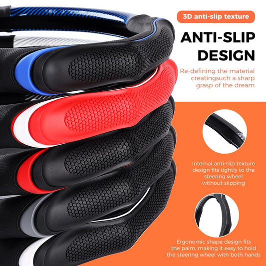 🔥Universal Carbon Fiber Textured Silicone Steering Wheel Cover for Most Cars, Hand-Stitched Napa Artificial Leather Accessory, Breathable Anti-Slip All-Season Auto Interior Modification Decoration with Enhanced Grip modern