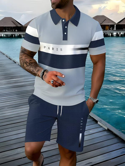 🔥Men's Polo Shirt Short Sleeve Casual Set, Summer Beach Fashion Sport Wear, Plaid Pattern, Slim-Fitting, Above the Knee
