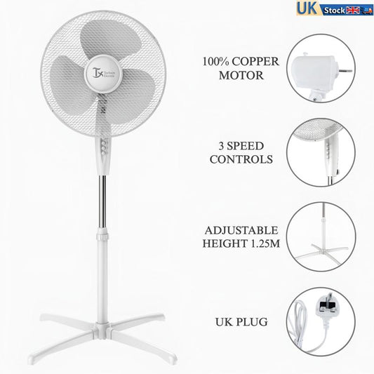 📢📢⏰ 16 Inch Electric Pedestal Floor Standing Fan - 100% Copper Motor, 3 Speed Control Settings, Adjustable Height 1.25M and Low Noise - White