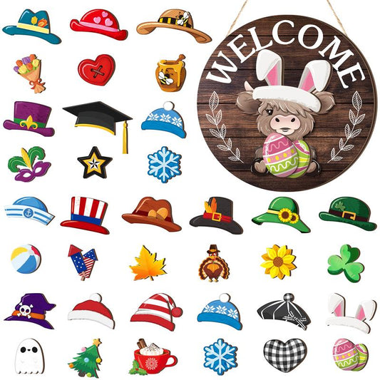 🐇 Easter Sale: 50% Off!!💥 Highland Cow Sign – Interchangeable Welcome Sign with Magnets, Removable Hats, Cute Cattle for Hanging