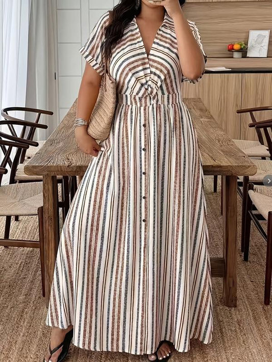 🎁2026 New Arrivals 50% OFF💥Women's Plus Size Fashion Casual Striped Dress, Elegant Pull-On Design, Comfortable and Stylish, Perfect for Daily Wear