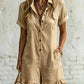 📢📢50% OFF !! ⏰Elegant Lapel Button Design Short Sleeves Ruffle Romper, Casual Vacation Style High-Waisted Slimming Romper, Comfortable and Stylish One-Piece