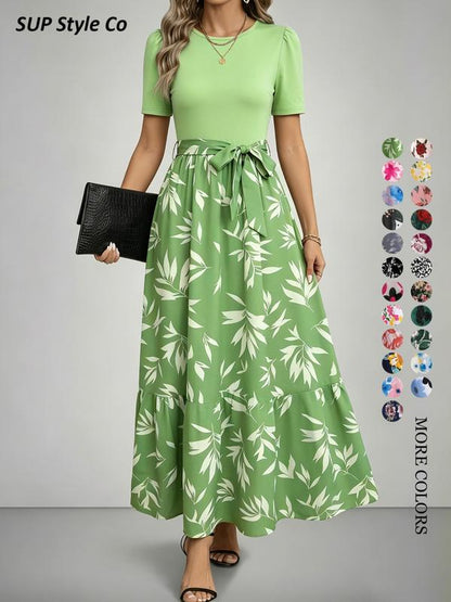 👗💚 Vintage Floral Patchwork Long Dress – 50% OFF! Puff sleeves, tie waist, round neck – romantic charm for casual & party wear. 🌺✨