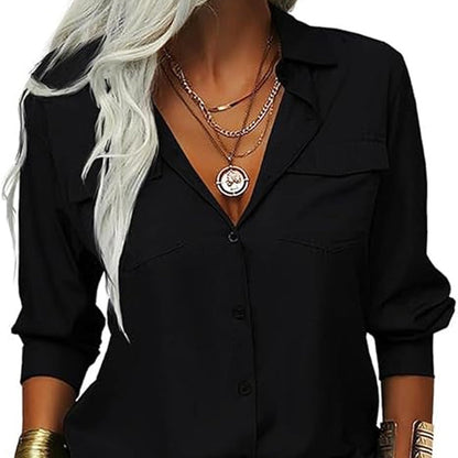 🏆LAST DAY SALE 50% OFF🔥Women's Solid Lapel Long Sleeves Button-Down Shirt