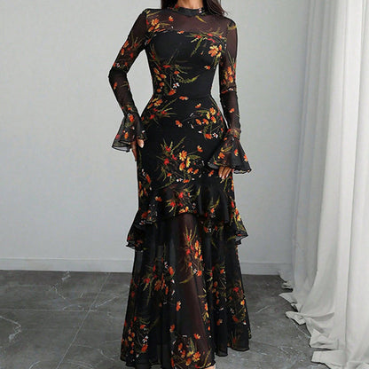✨2026 New Arrival 50%OFF🌸Floral Print Sheer Mesh Ruffle Hem Maxi Dress