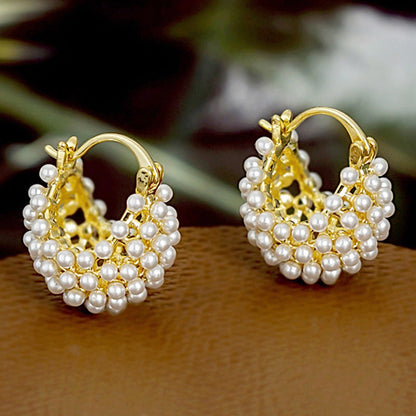 Faux Pearl Basket Hoop Earrings