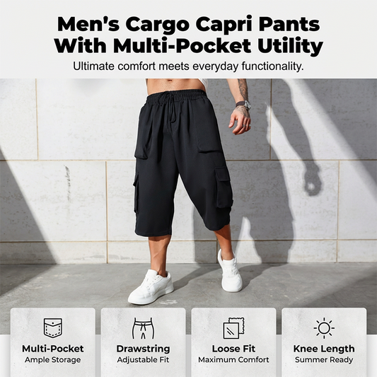 🩳 LIMITED-TIME 50% OFF! ✨ Men's Casual Cargo Capri Shorts – Large Pockets, Drawstring Waist, Relaxed Fit 🌿