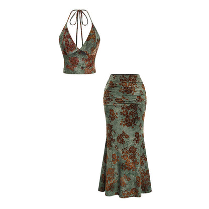 🌼2026 SUMMER SALE 50% OFF! Bohemian Floral 2-Piece Set🍹 – Halter Top, Ruched Waist & Mermaid Skirt ✨