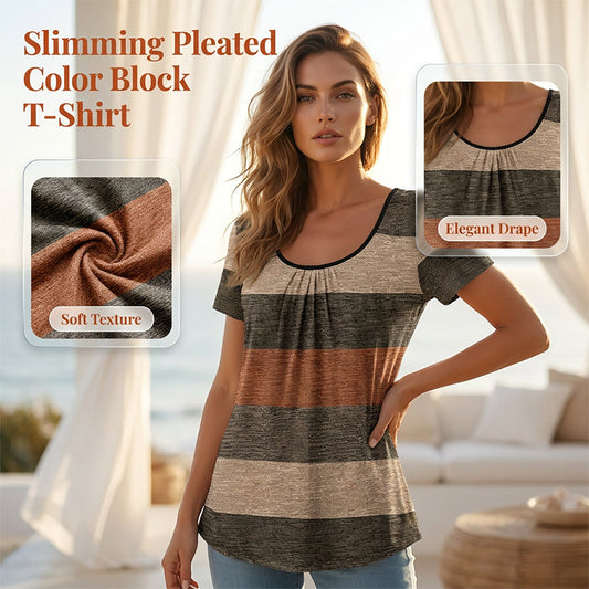 🏆LAST DAY SALE 50% OFF🔥Women's Plus Size Pleated Color Block T-Shirt