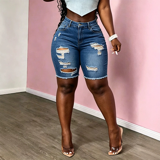 🏆LAST DAY SALE 50% OFF🔥Women's Mid-Waist Ripped Denim Bermuda Shorts