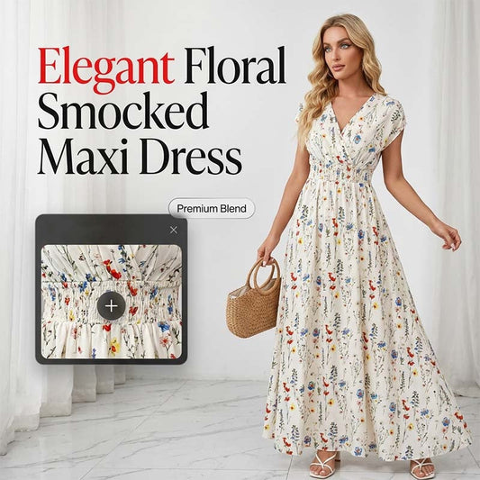 👗 50% OFF NOW!🌸 Floral V-Neck Maxi Dress – Elegant Smocked Waist & Premium Fabric – Summer Essential ✨