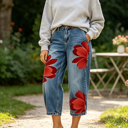 🥳 50% OFF! 🥳 Artistic Flower Wide-Leg Jeans for Women