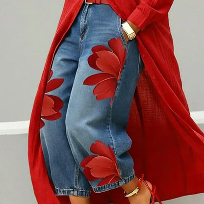 🥳 50% OFF! 🥳 Artistic Flower Wide-Leg Jeans for Women