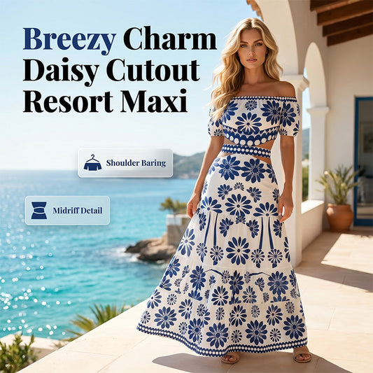 🏆LAST DAY SALE 50% OFF🔥Women’s Off-the-Shoulder Waist Cutout Daisy Printed Resort Dress