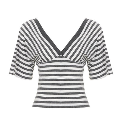 Women's Striped V-Neck Short Sleeve Crop Top