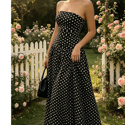 🌸 Women's Fashion Polka Dot Strapless Dress | Sweetheart Neckline, Flirty Print & Perfect for Summer Days & Parties