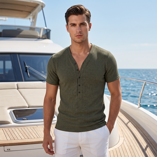 Men's Spring Textured Dual-Color Striped Deep V-Neck Short Sleeve Sports Top, Casual Sportswear Gym Tee, Athletic Workout Shirt, Athletic Fitness Top