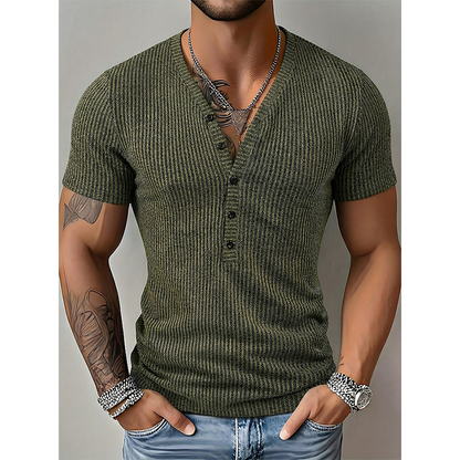 Men's Spring Textured Dual-Color Striped Deep V-Neck Short Sleeve Sports Top, Casual Sportswear Gym Tee, Athletic Workout Shirt, Athletic Fitness Top