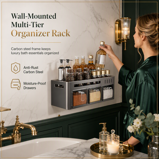 No-Drill Wall-Mounted Kitchen Spice Rack and Seasoning Organizer Box with Condiment Jars and Spoons