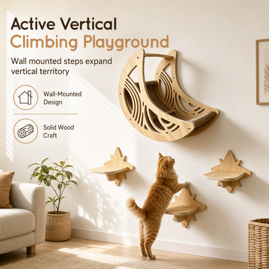 Wall Mounted Wooden Climbing Frame Set with House and 3 Jumping Steps Natural Wood Pet Furniture