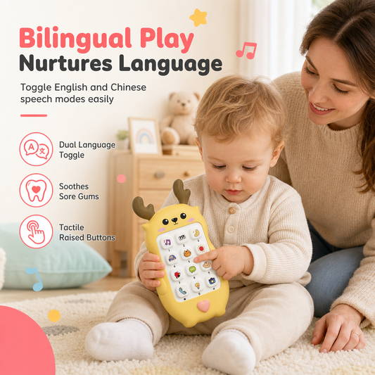 Cartoon Deer Baby Toy Phone Bilingual Early Educational Simulation Smartphone with Music and Stories for Toddlers