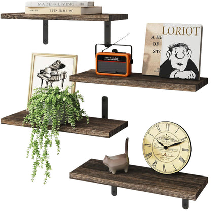 Wall Mounted Floating Wooden Shelves with Semicircular Iron Brackets for Bathroom Kitchen Spice Rack and Living Room Plant Display