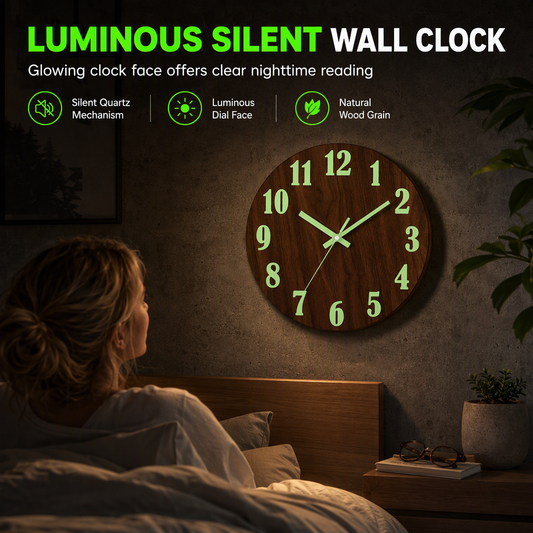 🕰️12-Inch Silent Wooden Wall Clock – Luminous Glow & MDF Wood Grain✨