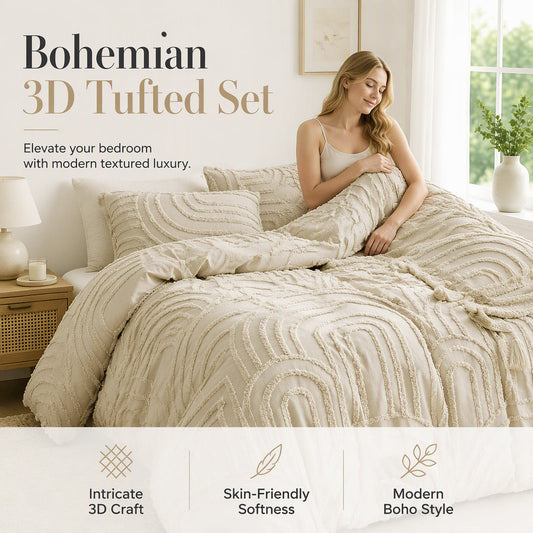Tufted Clipped Flower Duvet Cover Bedding Set with Wide Stripe Rainbow Design