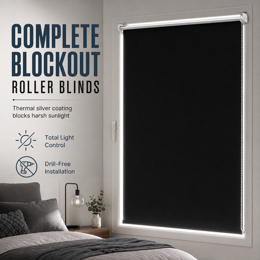 Total Blackout Roller Shades with UV Protection and Seamless Edges 130cm Height Black Window Blinds