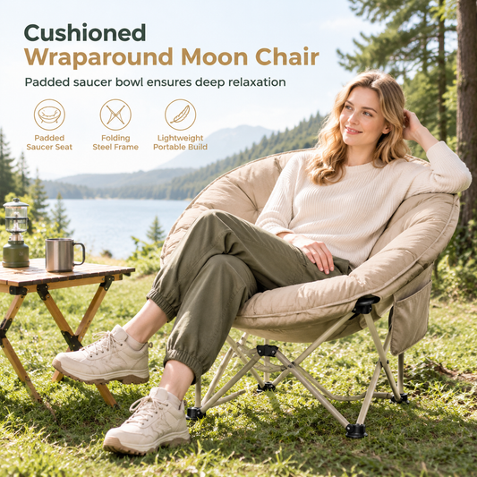 Portable Oversized Folding Camping Moon Chair with Thick Padded Cushion and Heavy Duty Steel Tube Frame