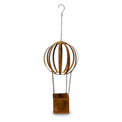 🎈 Vintage Iron Hot Air Balloon Hanging Planter: Distressed Finish, S-Hook, Garden Decor