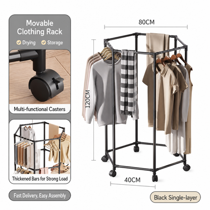 Movable 360 Degree Rotating Hexagonal Clothes Drying Rack Floor Standing Garment Hanger with Wheels for Balcony and Indoor Use